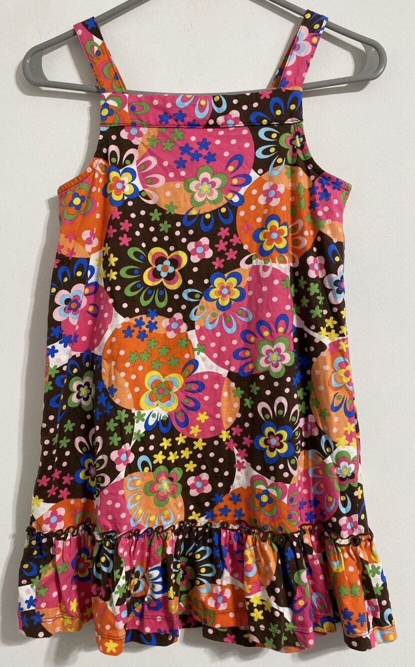 Hanna Andersson Dress Girl's EU 130 US 8 Retro Floral Flower Trapeze Ruffle Bold - Picture 3 of 8
